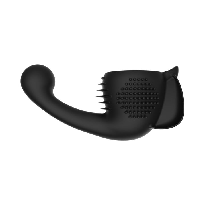 Black silicone female attachment for Lovense Domi with textured clitoral brush and vulva massager.