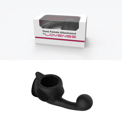 Lovense Domi Female Attachment in black silicone with textured stimulator, shown with packaging box.