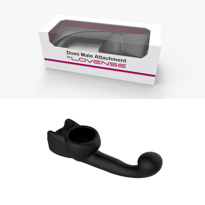 Black silicone Lovense Domi Male Attachment prostate massager and stroker with packaging box.