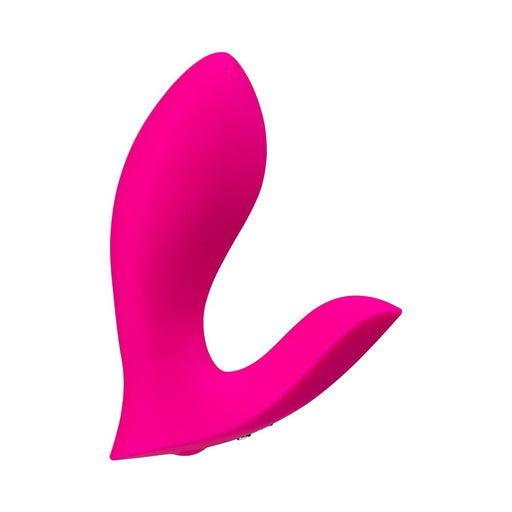 Bright pink ergonomic insertable vibrator with curved design and smooth silicone surface against white background.