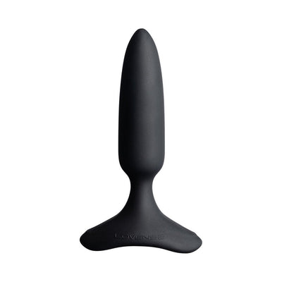 Black silicone Lovense Hush 2 app-compatible butt plug with flared base on white background.