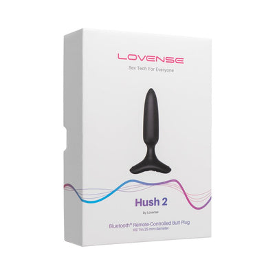 Lovense Hush 2 Bluetooth remote-controlled black silicone butt plug packaging with product image and branding.