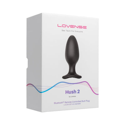 Packaging box of Lovense Hush 2 Bluetooth remote-controlled black silicone butt plug with 2.25-inch diameter.