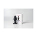 Lovense Hush 2 black silicone butt plug with flared base displayed next to its white packaging box on a white surface.