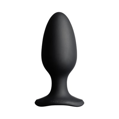 Black silicone Lovense Hush 2 app-compatible butt plug with flared base and smooth, tapered design.
