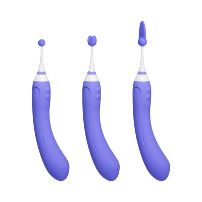 Three purple Lovense Hyphy dual-end stimulators with interchangeable silicone attachments on white background.