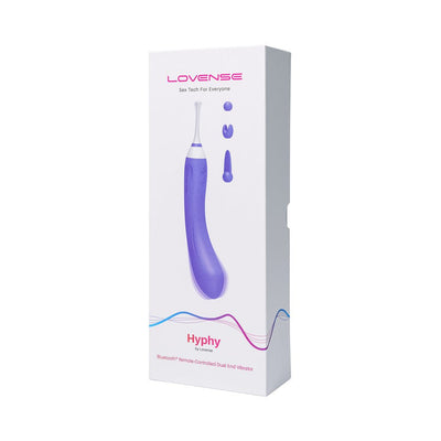 Packaging box of Lovense Hyphy dual-end vibrator with three interchangeable attachments shown on front.