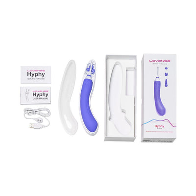Lovense Hyphy dual-end stimulator with three attachments, USB charging cable, manuals, and packaging box on white background.