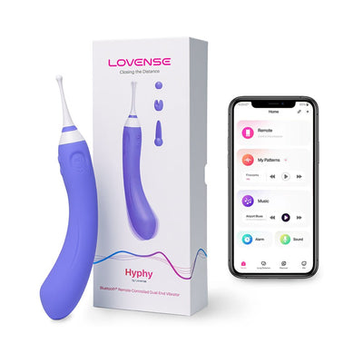 Lovense Hyphy purple dual-end vibrator with three attachments, packaging box, and smartphone showing app control interface.