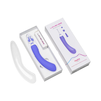 Lovense Hyphy dual-end stimulator in purple with three interchangeable attachments and packaging box on white background.