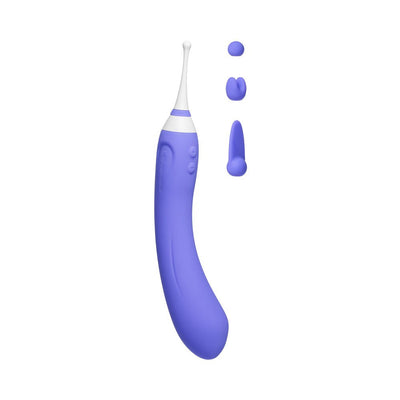 Purple and white Lovense Hyphy dual-end stimulator with three interchangeable attachments on a white background.