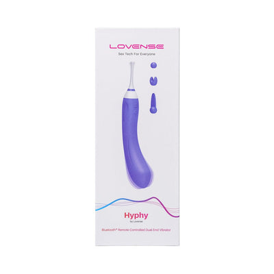 Packaging box of Lovense Hyphy dual-end vibrator with three interchangeable attachments shown on front.