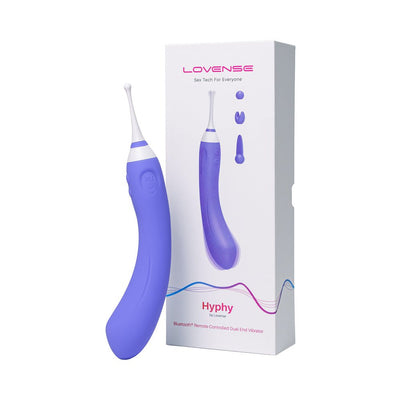 Purple Lovense Hyphy dual-end clitoral and G-spot stimulator with three interchangeable attachments and packaging box.