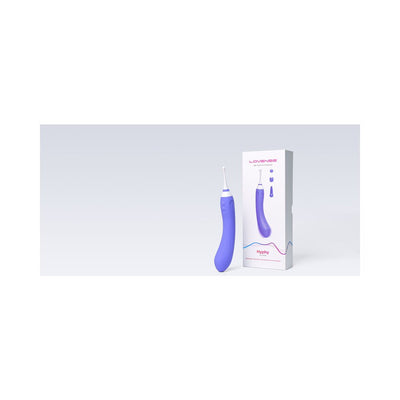 Lovense Hyphy dual-end stimulator in purple with interchangeable tips displayed next to its packaging box.