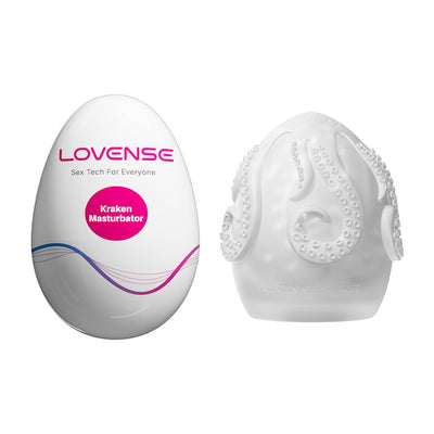 White Lovense Kraken Egg male pleasure device with textured octopus tentacle design and branded packaging case.