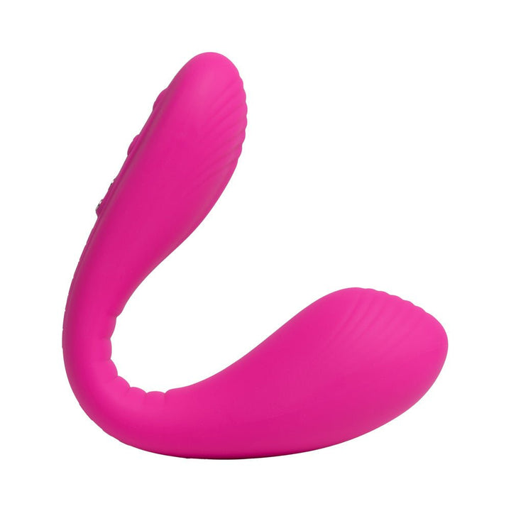 Pink adjustable dual stimulator with curved, textured design for customizable clitoral and G-spot stimulation.