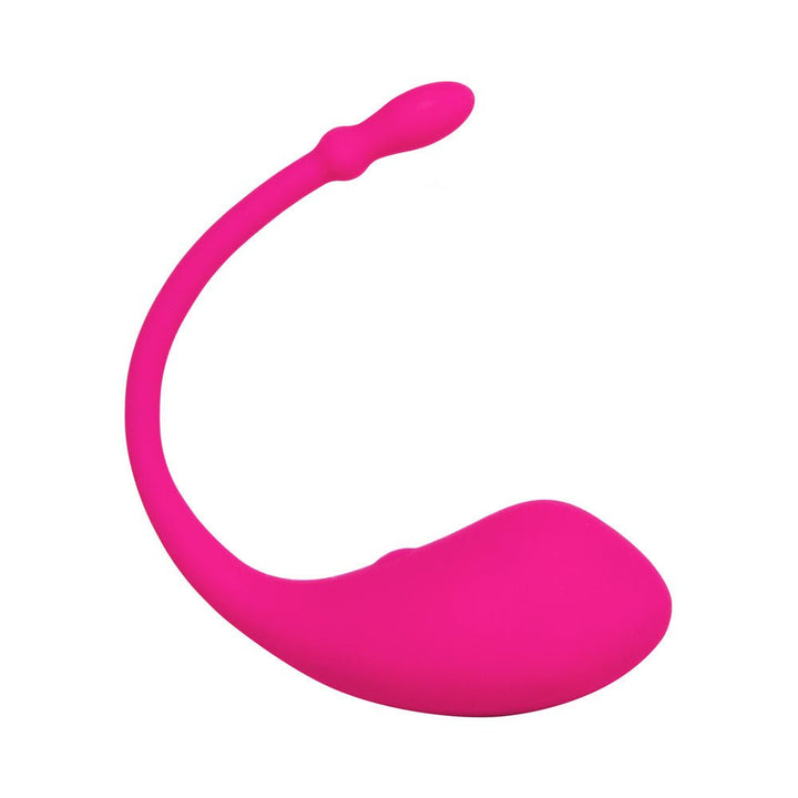 Bright pink Lovense Lush 2 wearable vibrator with flexible tail and smooth silicone finish on white background.