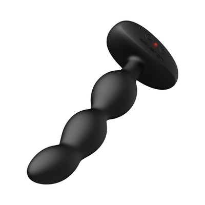 Black silicone vibrating and rotating anal beads with a curved, beaded design and a flat control base with buttons.