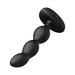 Black silicone vibrating and rotating anal beads with a curved, beaded design and a flat control base with buttons.