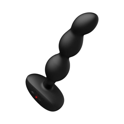 Black silicone vibrating and rotating anal beads with three graduated rounded segments and a flat base with control buttons.