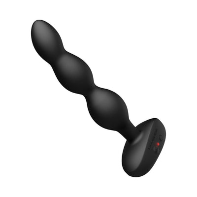 Black silicone vibrating and rotating anal beads with a flexible, segmented design and control buttons on the base.