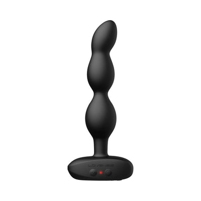 Black silicone vibrating and rotating anal beads with three rounded segments and a control base.