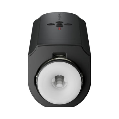 Top view of Lovense Solace automatic male masturbator with white soft sleeve and black control unit