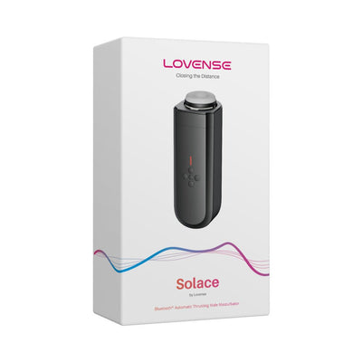 Packaging box of Lovense Solace automatic thrusting male masturbator with product image and branding on white background.