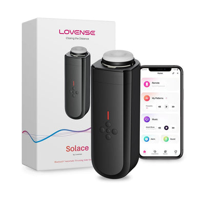 Lovense Solace automatic thrusting male masturbator with app control displayed alongside packaging and smartphone app interface.