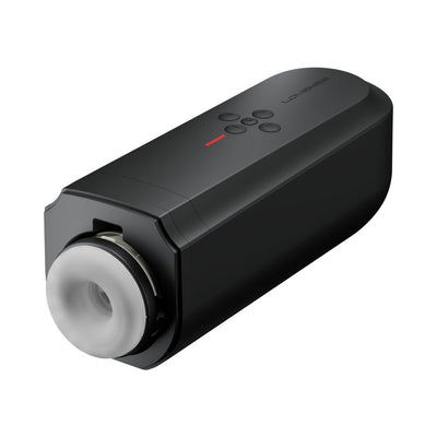 Black Lovense Solace automatic male masturbator with soft gray sleeve and control buttons on top.