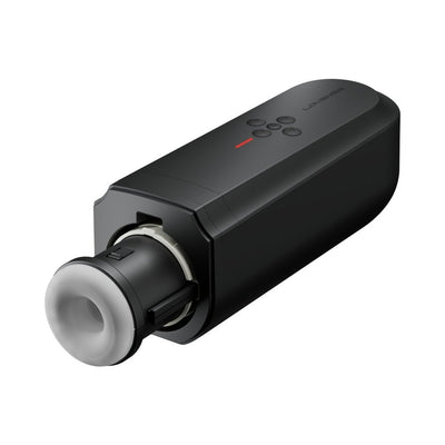 Sleek black Lovense Solace automatic male masturbator with soft removable sleeve and control buttons on top.