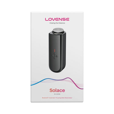 Lovense Solace automatic thrusting male masturbator in black with control buttons shown on white packaging box.