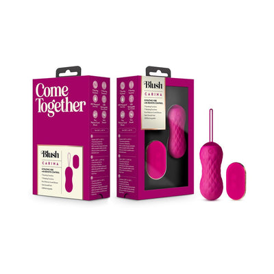Lush Carina wireless remote-controlled vibrating massager in pink with textured surface and matching remote, shown with packaging.