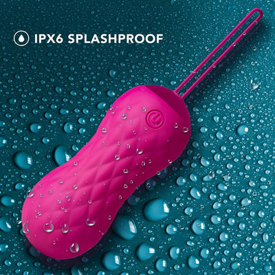 Pink textured Lush Carina insertable bullet vibrator with pull loop, shown with water droplets highlighting its IPX6 splashproof rating.