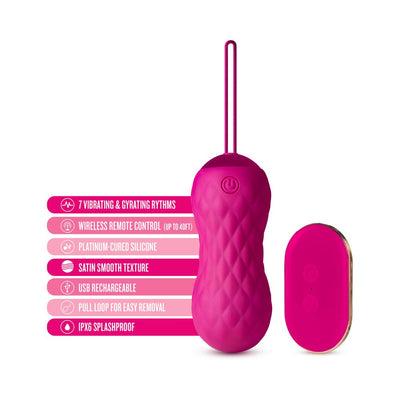 Pink textured insertable bullet vibrator with pull loop and wireless remote control, highlighting key features.