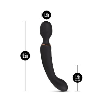 Black dual-ended massager with curved G-spot tip and rounded wand head, measuring 9.5 inches in length.
