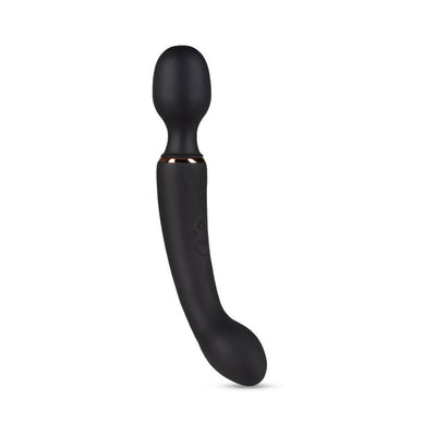 Black dual-ended massager with curved G-spot stimulator and rounded wand head, featuring smooth silicone finish and control buttons.