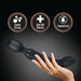 Hand holding sleek black dual-ended massager with smooth silicone, body-safe materials, and fragrance-free icons above.