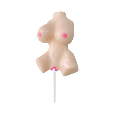 Butterscotch-flavored lollipop shaped like a stylized female torso with pink accents on a white stick.