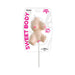 Vanilla-flavored lollipop shaped like a female torso in clear packaging with pink accents and "Sweet Body" text.