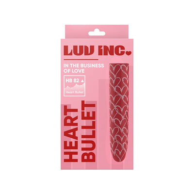 Luv Inc Heart Bullet Vibrator in red with white heart pattern, displayed in pink retail packaging.