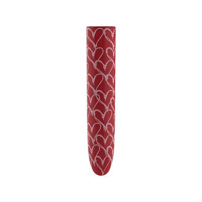 Red bullet vibrator with a pattern of hand-drawn hearts, sleek and compact for discreet use.