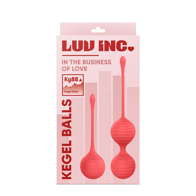 Coral-colored Luv Inc KG88 Kegel Balls set with textured silicone and ergonomic design in retail packaging.