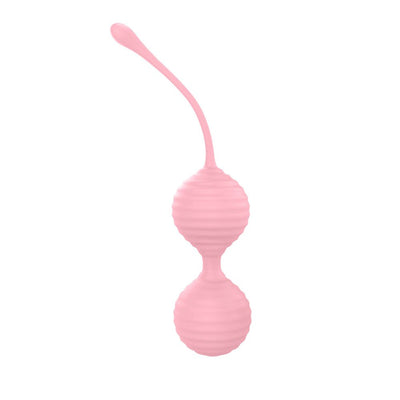 Light pink textured silicone kegel balls set with retrieval cord for pelvic floor training and wellness.