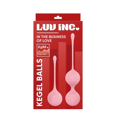 Light pink textured silicone kegel balls set with ergonomic handles on red Luv Inc branded packaging.