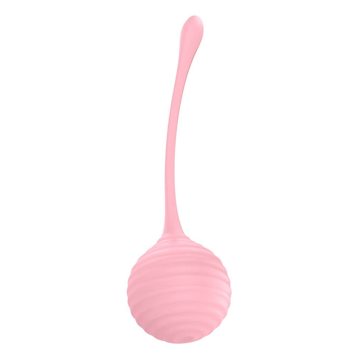 Light pink ribbed silicone kegel ball with a flexible retrieval cord for pelvic floor training and wellness.