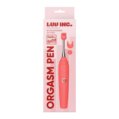 Luv Inc OP10 Orgasm Pen in coral pink with three interchangeable heads displayed on pink packaging.
