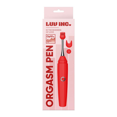 Red Luv Inc OP10 Orgasm Pen with interchangeable heads displayed on pink packaging.