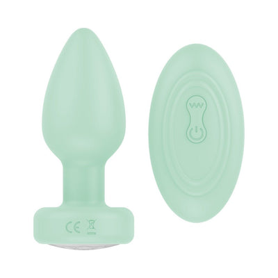 Mint green vibrating plug with matching remote control, both made of smooth silicone.