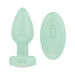 Mint green vibrating plug with matching remote control, both made of smooth silicone.